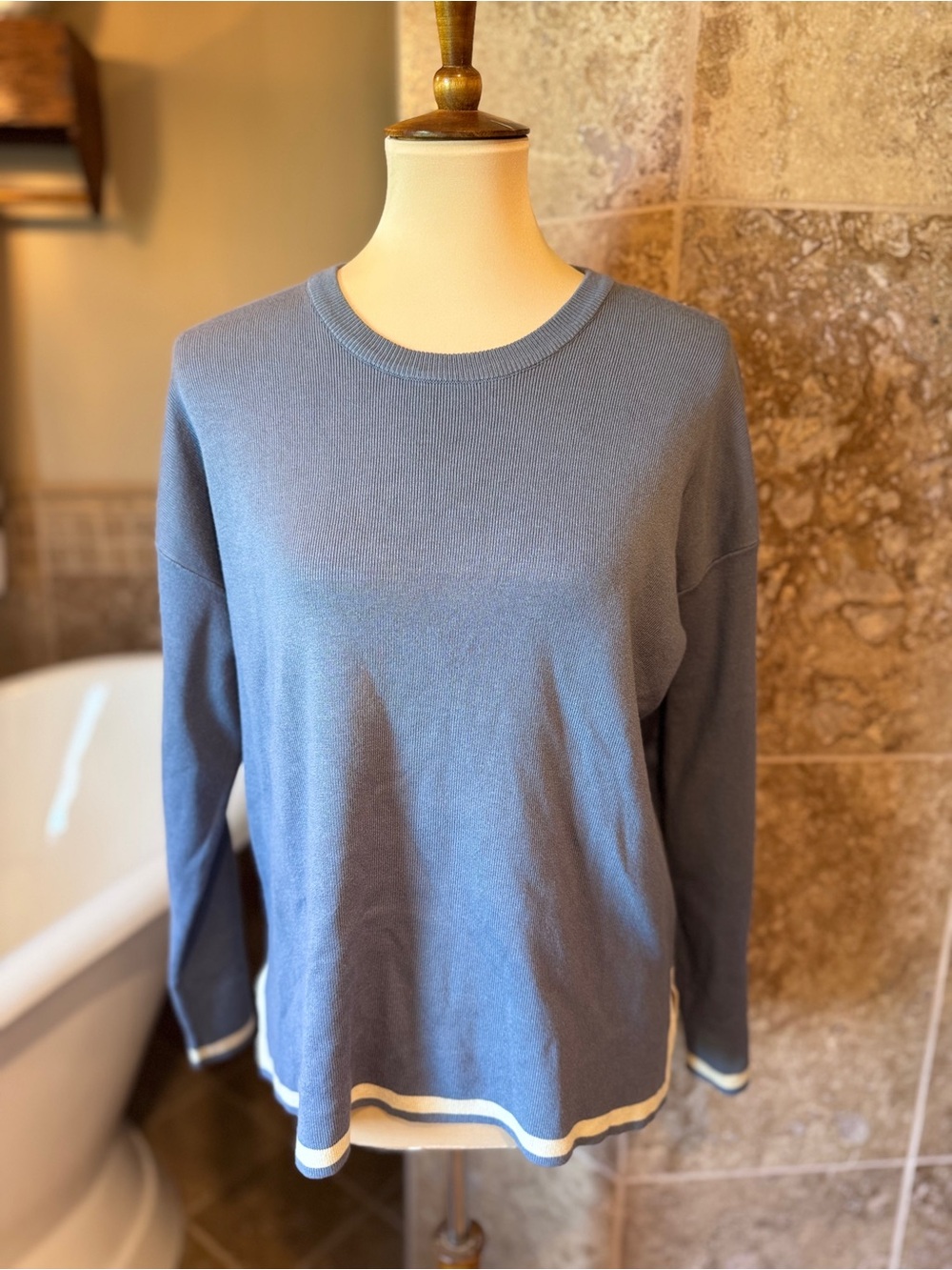 Pale Sky Classic crew Neck Sweater in Dusty Blue with Stripe Hem size small